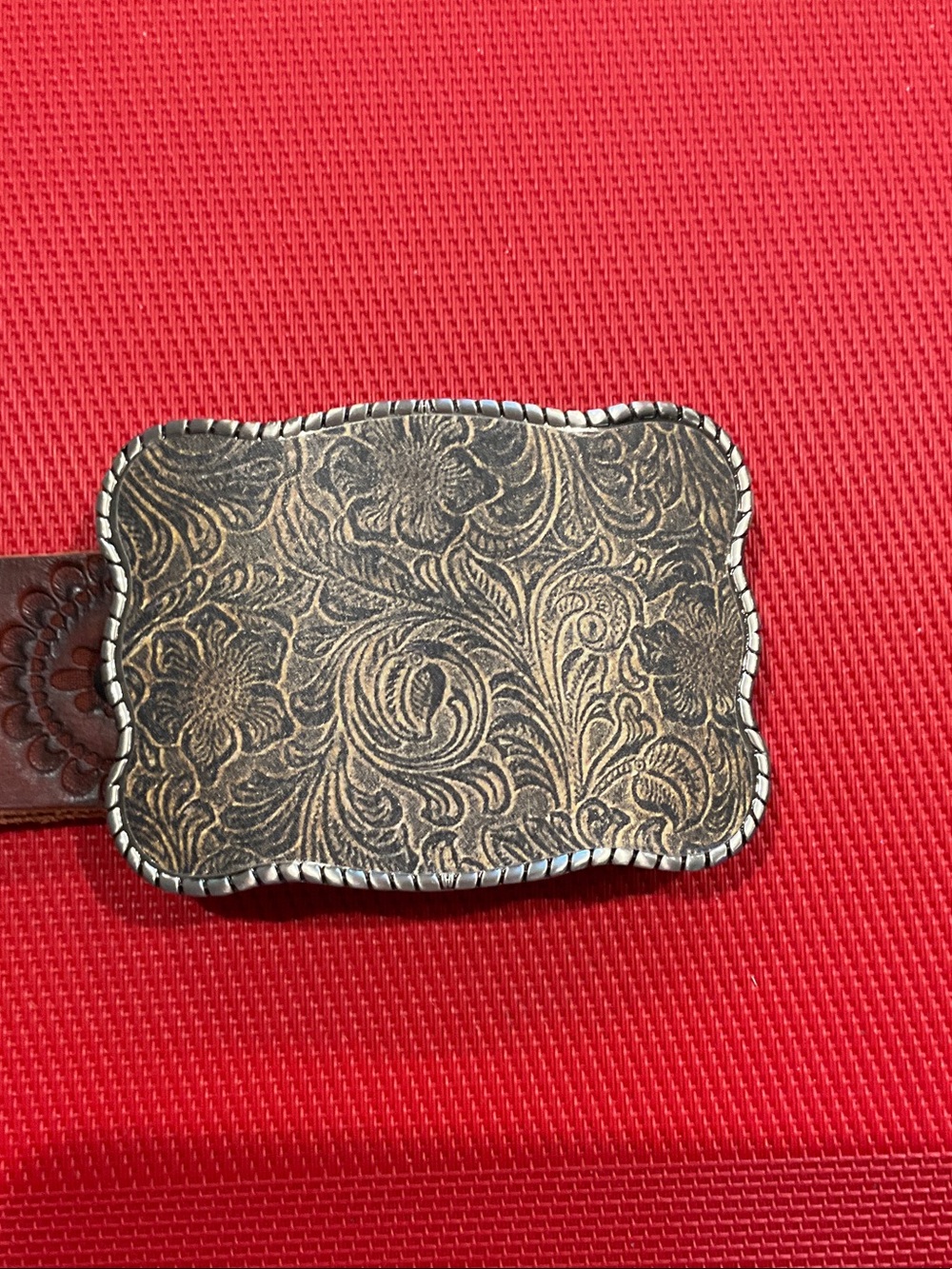 Tooled Floral Leather Belt with Ornate Brass-Tone Buckle - Brown